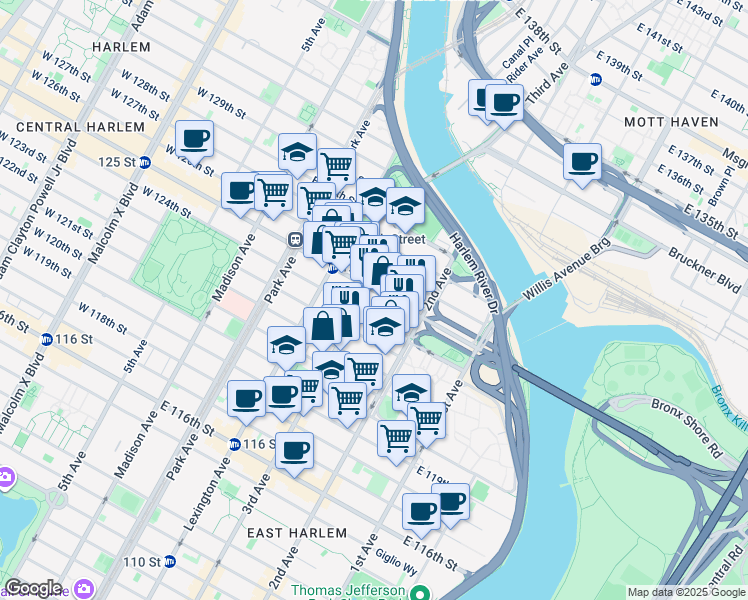 map of restaurants, bars, coffee shops, grocery stores, and more near 2293 3rd Avenue in New York
