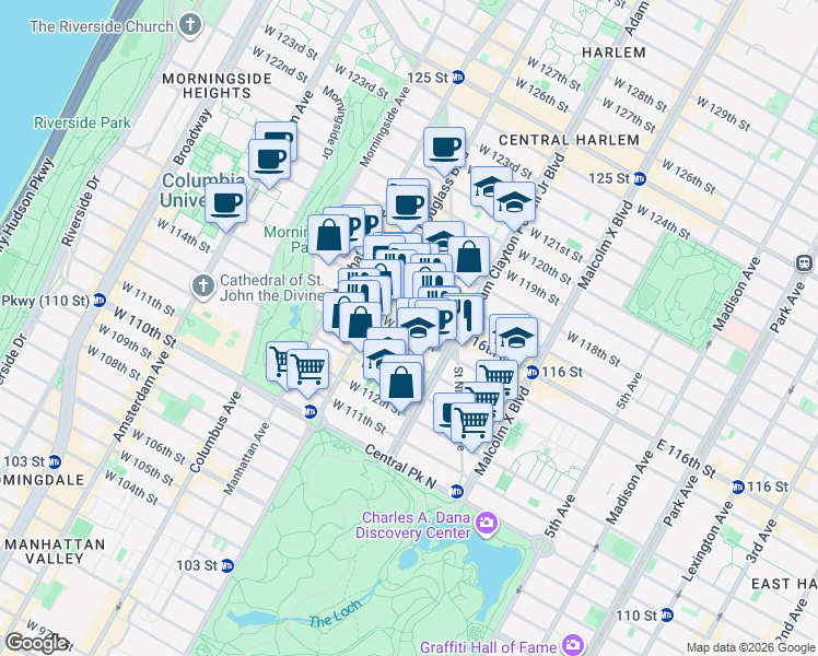 map of restaurants, bars, coffee shops, grocery stores, and more near 229 West 115th Street in New York