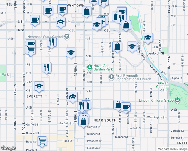 map of restaurants, bars, coffee shops, grocery stores, and more near 1826 D Street in Lincoln