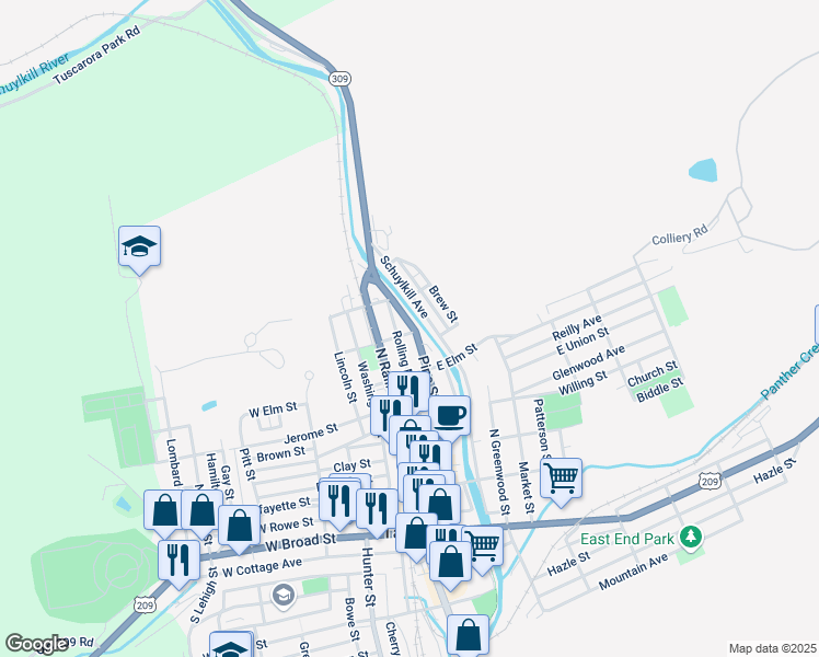 map of restaurants, bars, coffee shops, grocery stores, and more near 518 Pine Street in Tamaqua
