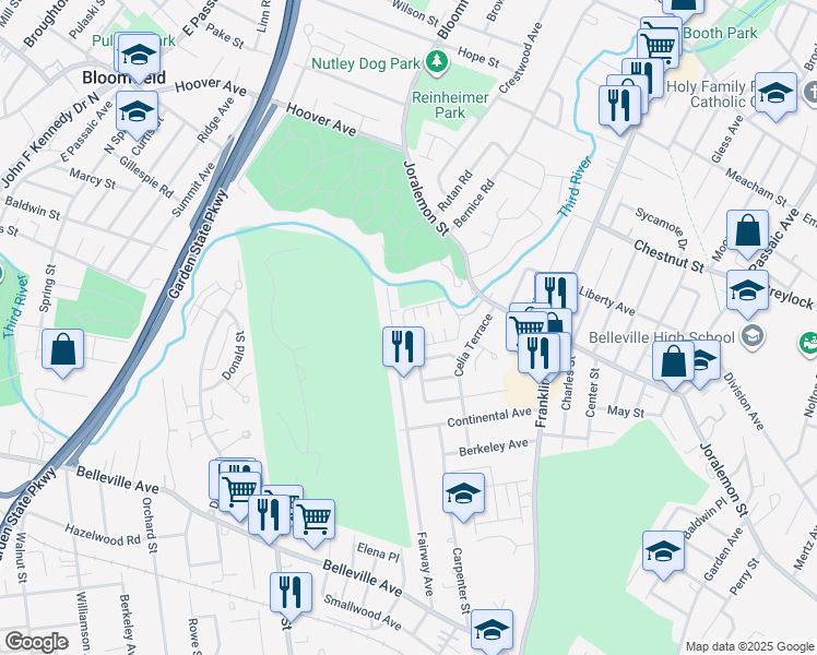 map of restaurants, bars, coffee shops, grocery stores, and more near 725 Joralemon Street in Belleville