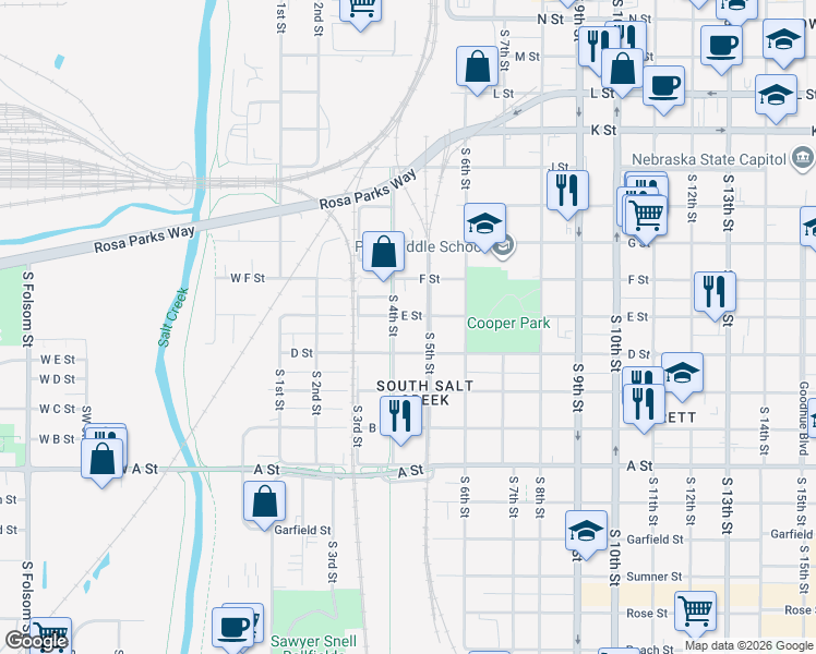 map of restaurants, bars, coffee shops, grocery stores, and more near 404 D Street in Lincoln