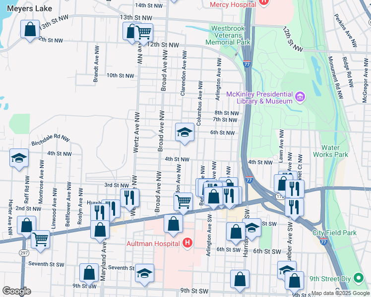 map of restaurants, bars, coffee shops, grocery stores, and more near 412 Clarendon Avenue Northwest in Canton