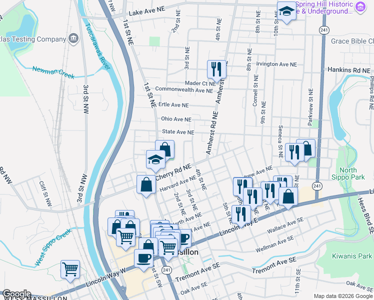 map of restaurants, bars, coffee shops, grocery stores, and more near 703 4th Street Northeast in Massillon