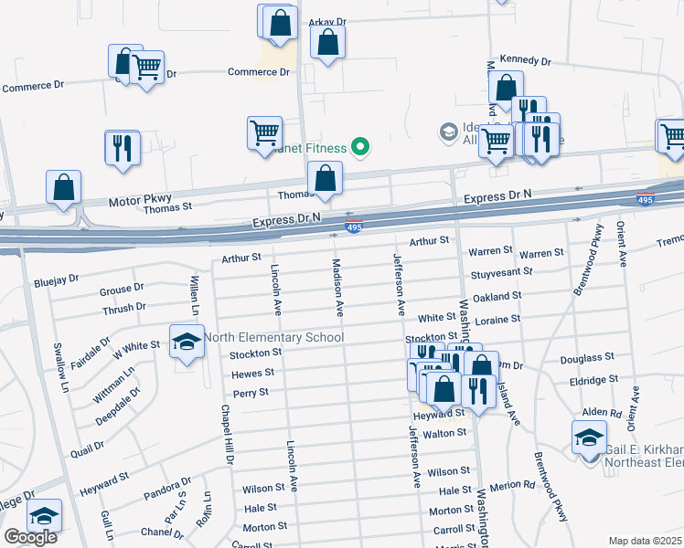 map of restaurants, bars, coffee shops, grocery stores, and more near 475 Madison Avenue in Brentwood