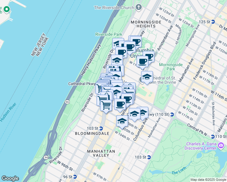 map of restaurants, bars, coffee shops, grocery stores, and more near 257 West 109th Street in New York