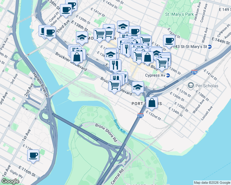 map of restaurants, bars, coffee shops, grocery stores, and more near 550 E 132nd St in Bronx
