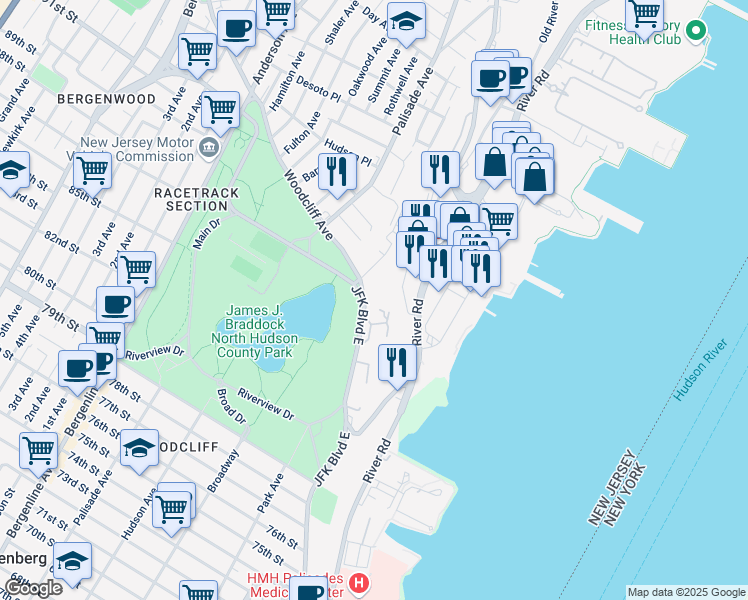 map of restaurants, bars, coffee shops, grocery stores, and more near 8700 Boulevard East in North Bergen
