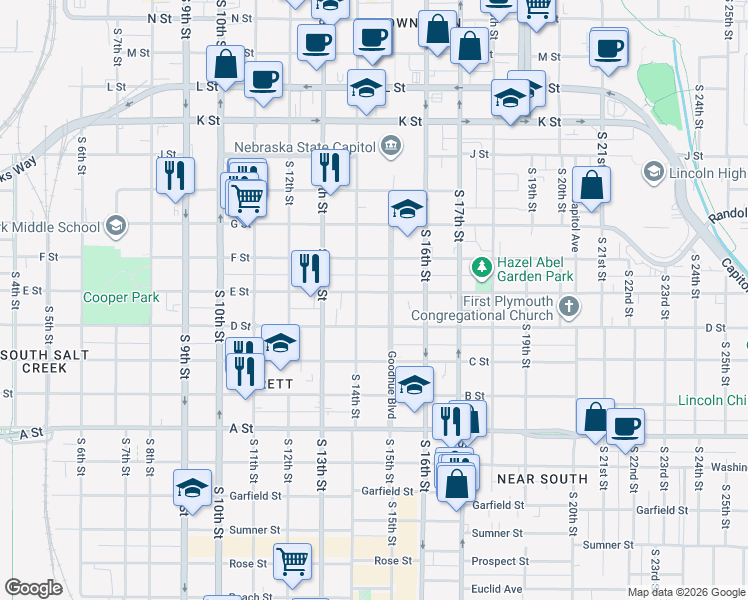 map of restaurants, bars, coffee shops, grocery stores, and more near 1422 D Street in Lincoln