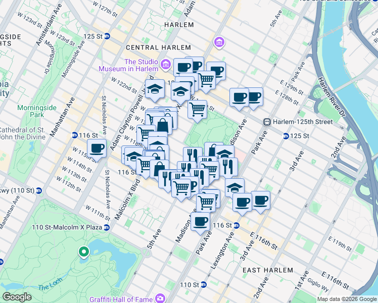 map of restaurants, bars, coffee shops, grocery stores, and more near 11 West 119th Street in New York