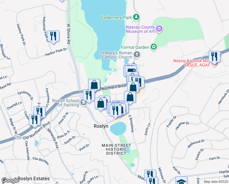 map of restaurants, bars, coffee shops, grocery stores, and more near 25 Skillman Street in Roslyn