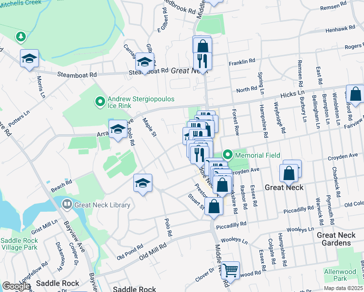 map of restaurants, bars, coffee shops, grocery stores, and more near 15 Church Street in Great Neck
