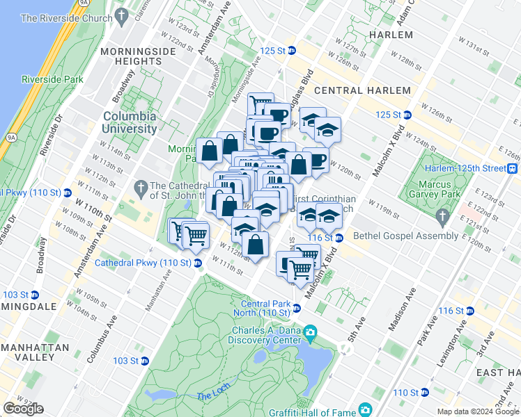 map of restaurants, bars, coffee shops, grocery stores, and more near 252 West 115th Street in New York