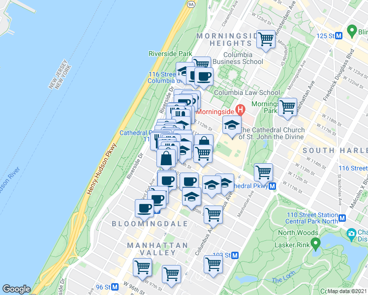 map of restaurants, bars, coffee shops, grocery stores, and more near 244 West 109th Street in New York