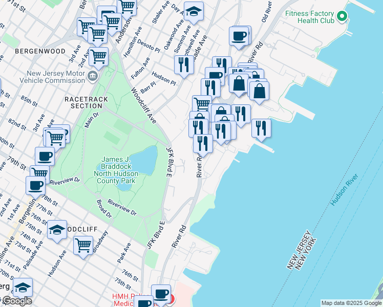 map of restaurants, bars, coffee shops, grocery stores, and more near 8700 Boulevard East in North Bergen