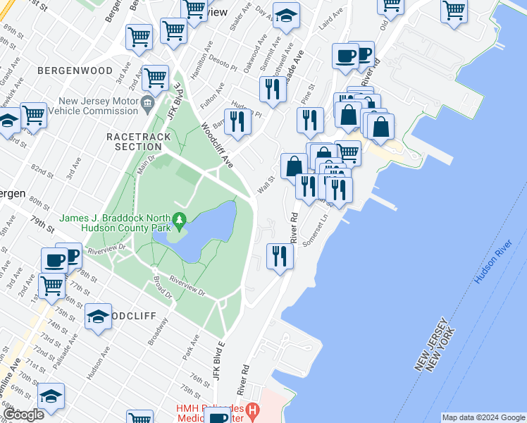 map of restaurants, bars, coffee shops, grocery stores, and more near 8700 Boulevard East in North Bergen