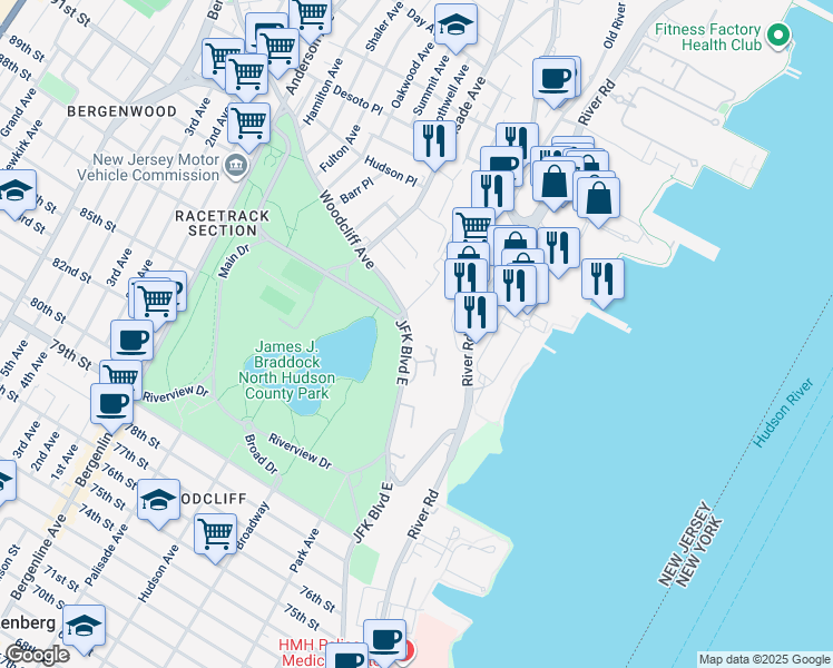 map of restaurants, bars, coffee shops, grocery stores, and more near 8700 Boulevard East in North Bergen