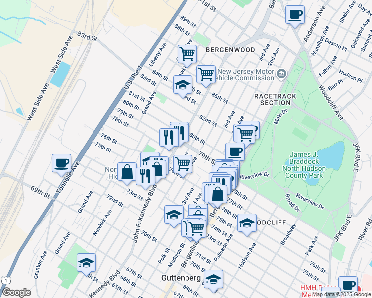 map of restaurants, bars, coffee shops, grocery stores, and more near 7711 5th Avenue in North Bergen
