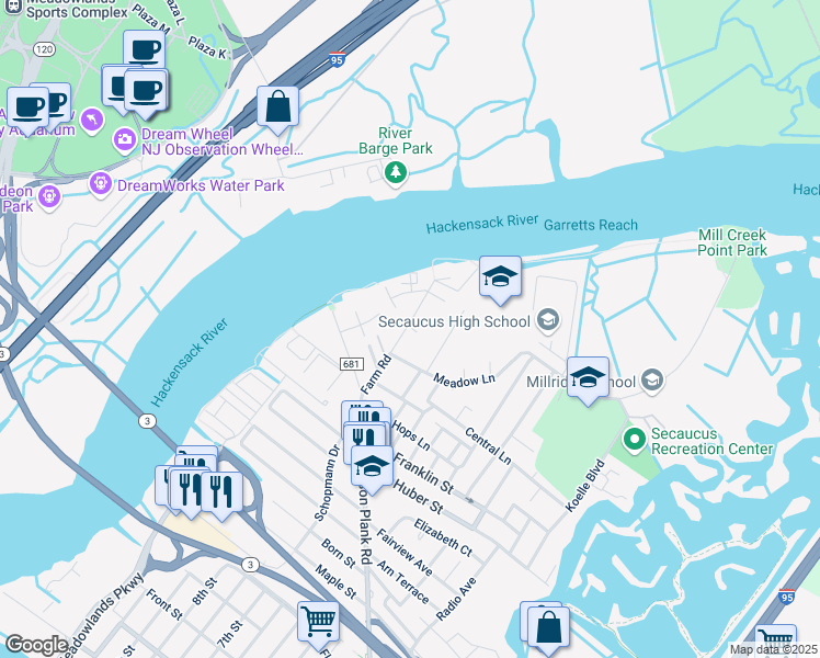 map of restaurants, bars, coffee shops, grocery stores, and more near 1118 Farm Road in Secaucus