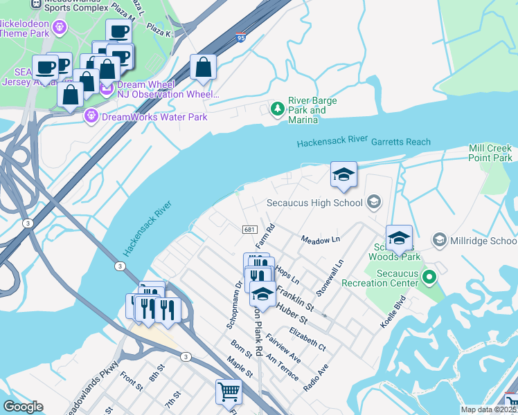 map of restaurants, bars, coffee shops, grocery stores, and more near 1103 Farm Road in Secaucus