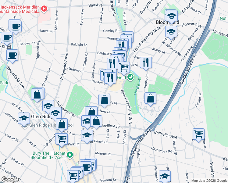 map of restaurants, bars, coffee shops, grocery stores, and more near 265 County Road 509 in Bloomfield