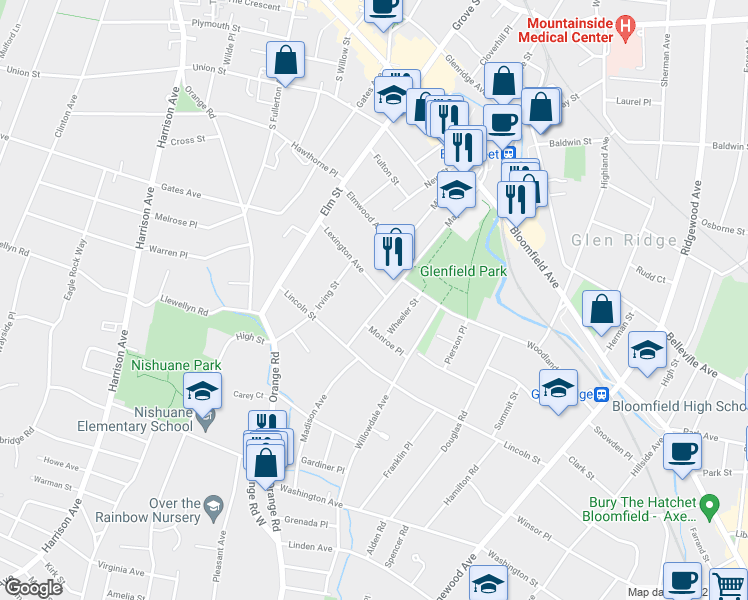 map of restaurants, bars, coffee shops, grocery stores, and more near 115 Maple Avenue in Montclair