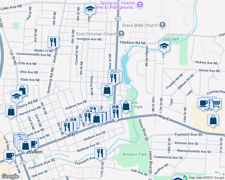 map of restaurants, bars, coffee shops, grocery stores, and more near 431 Wales Road Northeast in Massillon