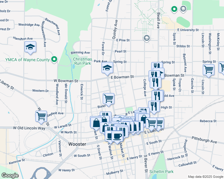 map of restaurants, bars, coffee shops, grocery stores, and more near 449 North Market Street in Wooster