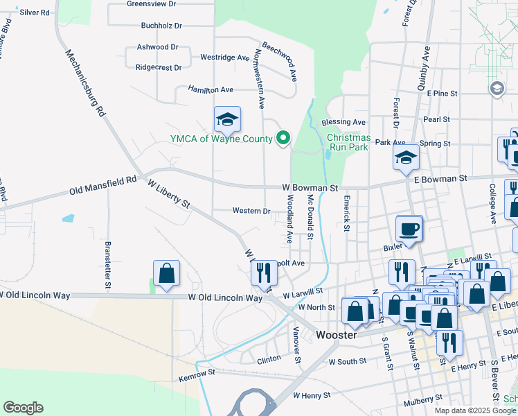 map of restaurants, bars, coffee shops, grocery stores, and more near 706 Western Drive in Wooster