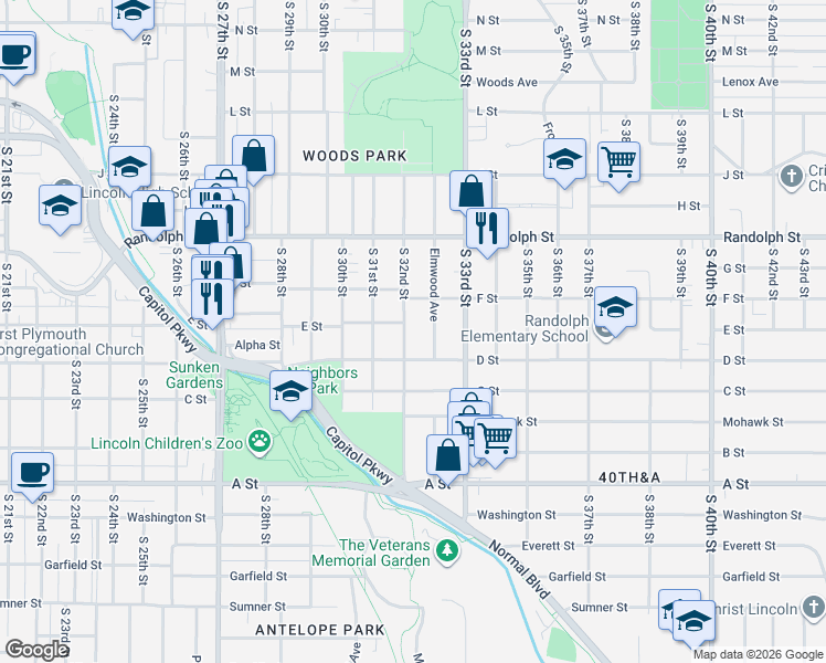 map of restaurants, bars, coffee shops, grocery stores, and more near 1042 South 32nd Street in Lincoln