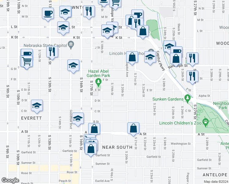 map of restaurants, bars, coffee shops, grocery stores, and more near 1936 D Street in Lincoln