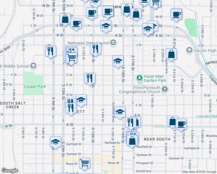 map of restaurants, bars, coffee shops, grocery stores, and more near 1422 D Street in Lincoln