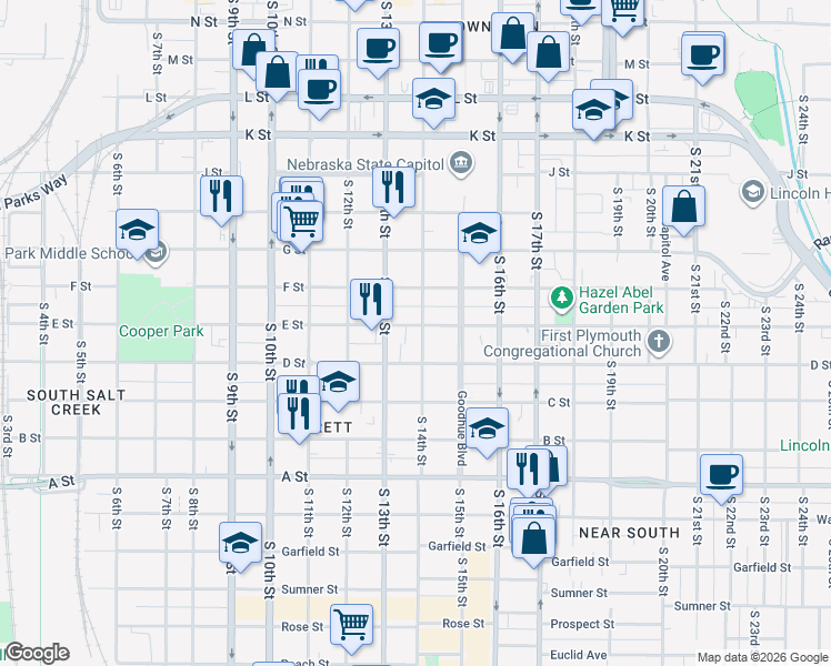 map of restaurants, bars, coffee shops, grocery stores, and more near 1326 D Street in Lincoln