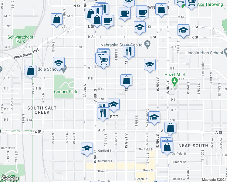 map of restaurants, bars, coffee shops, grocery stores, and more near 1116 D Street in Lincoln