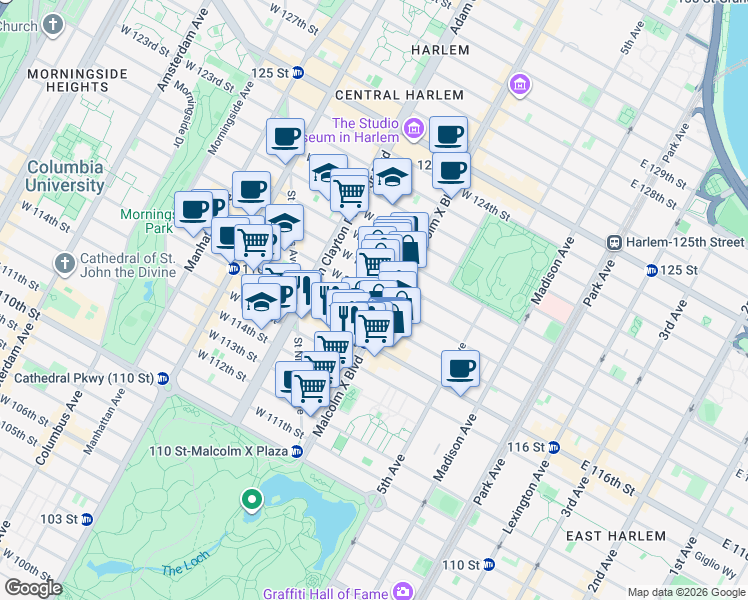 map of restaurants, bars, coffee shops, grocery stores, and more near 102 West 118th Street in New York