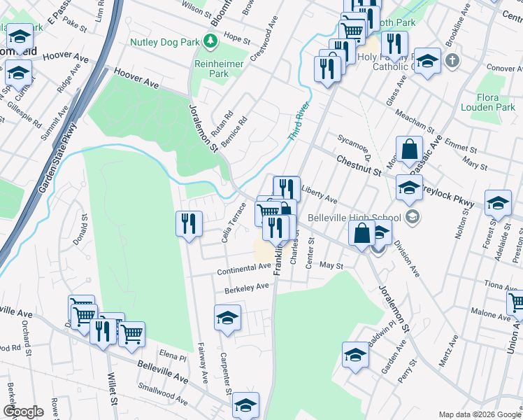 map of restaurants, bars, coffee shops, grocery stores, and more near 21 Barnett Lane in Belleville