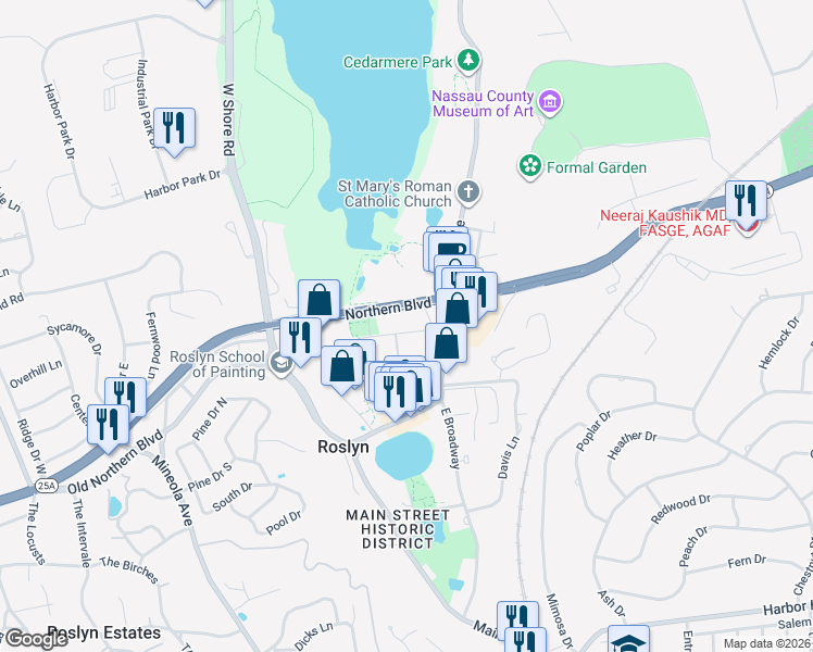 map of restaurants, bars, coffee shops, grocery stores, and more near 25 Skillman Street in Roslyn