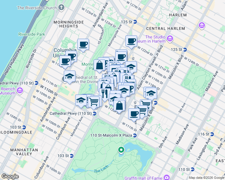 map of restaurants, bars, coffee shops, grocery stores, and more near 2122 Frederick Douglass Boulevard in New York