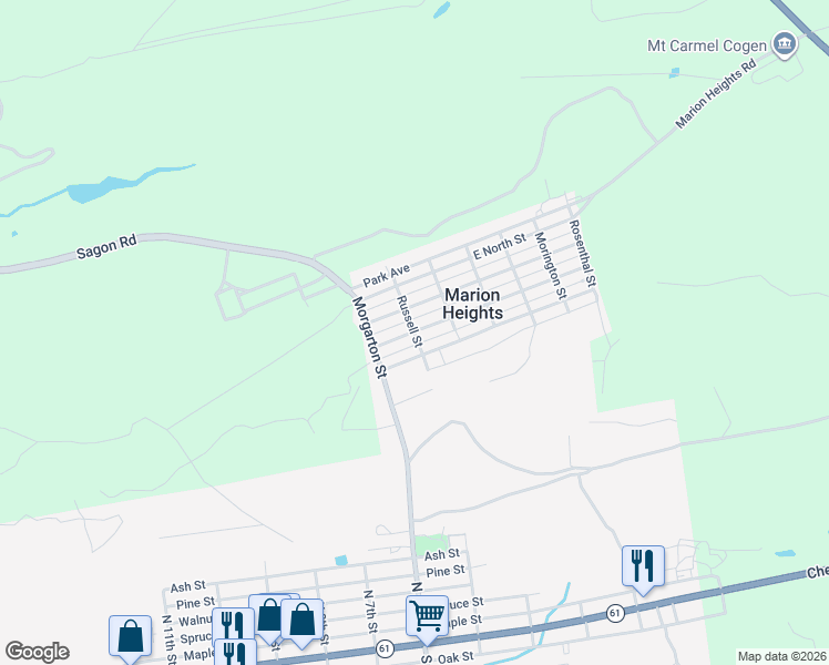 map of restaurants, bars, coffee shops, grocery stores, and more near Russell Street in Marion Heights