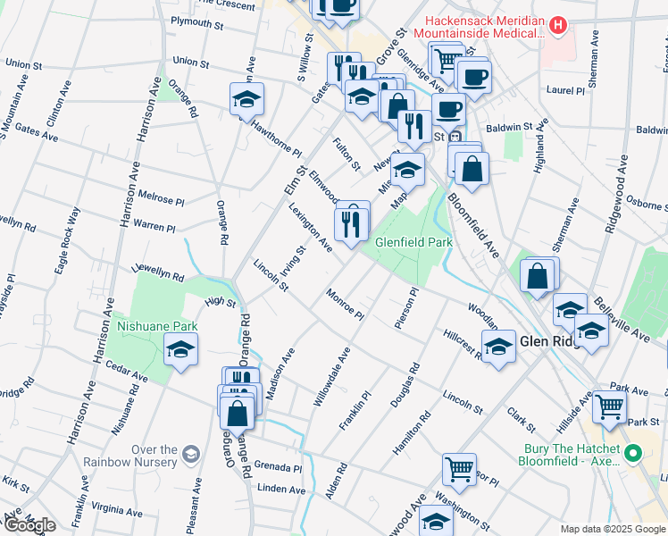 map of restaurants, bars, coffee shops, grocery stores, and more near 115 Maple Avenue in Montclair