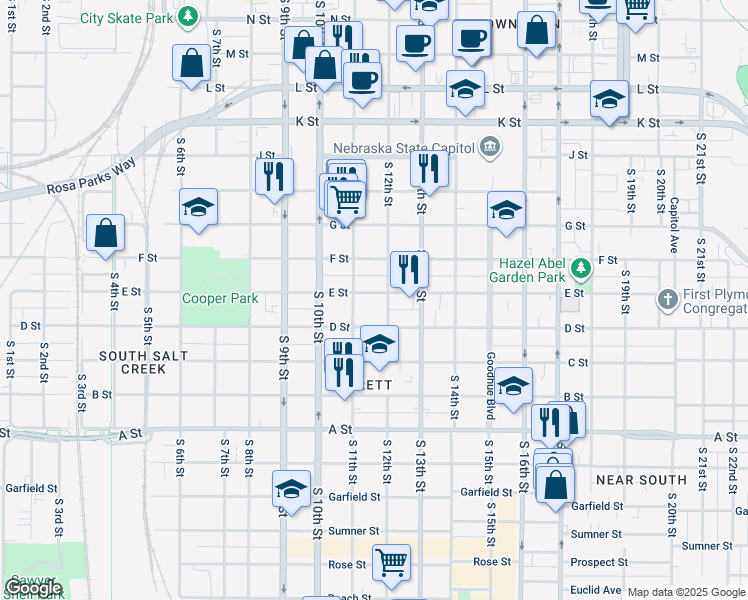 map of restaurants, bars, coffee shops, grocery stores, and more near 1129 E Street in Lincoln