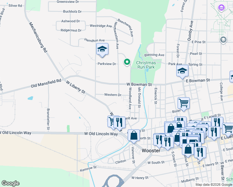 map of restaurants, bars, coffee shops, grocery stores, and more near 706 Western Drive in Wooster