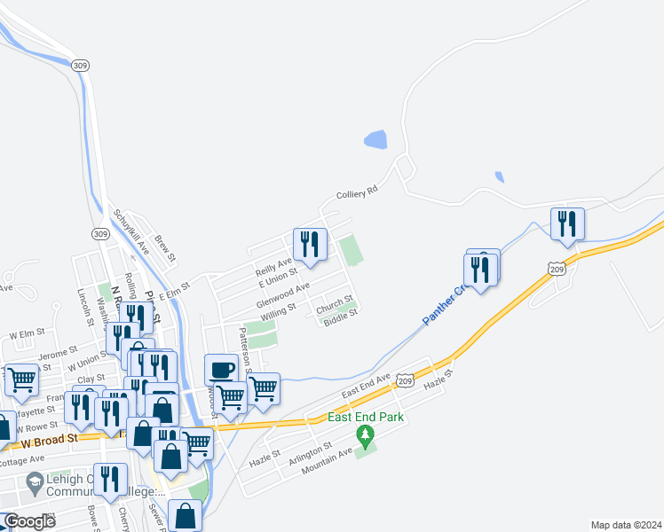 map of restaurants, bars, coffee shops, grocery stores, and more near 534 East Union Street in Tamaqua