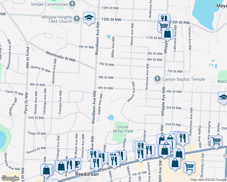 map of restaurants, bars, coffee shops, grocery stores, and more near 328 Lynn Circle Northwest in Canton
