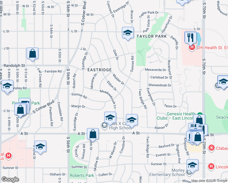 map of restaurants, bars, coffee shops, grocery stores, and more near 5950 Sunrise Road in Lincoln