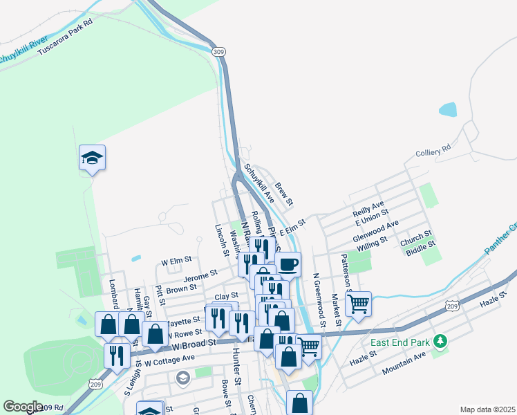 map of restaurants, bars, coffee shops, grocery stores, and more near 509 Rolling Mill Avenue in Tamaqua