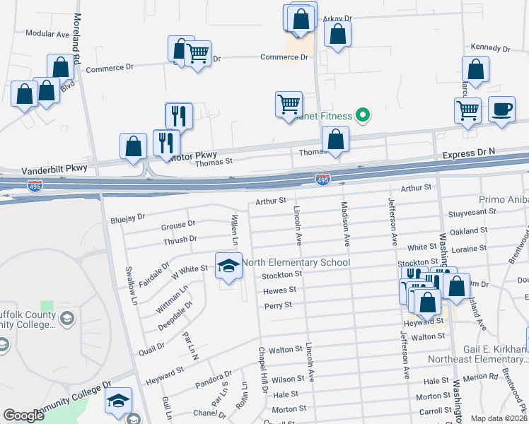 map of restaurants, bars, coffee shops, grocery stores, and more near 3 Van Buren Street in Brentwood