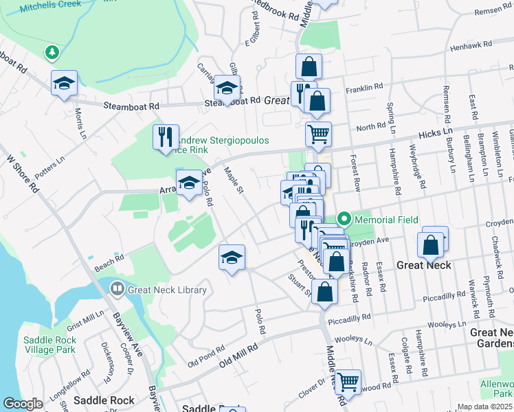 map of restaurants, bars, coffee shops, grocery stores, and more near 26 Beach Road in Great Neck