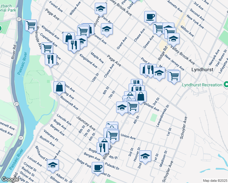 map of restaurants, bars, coffee shops, grocery stores, and more near Park Place in Lyndhurst