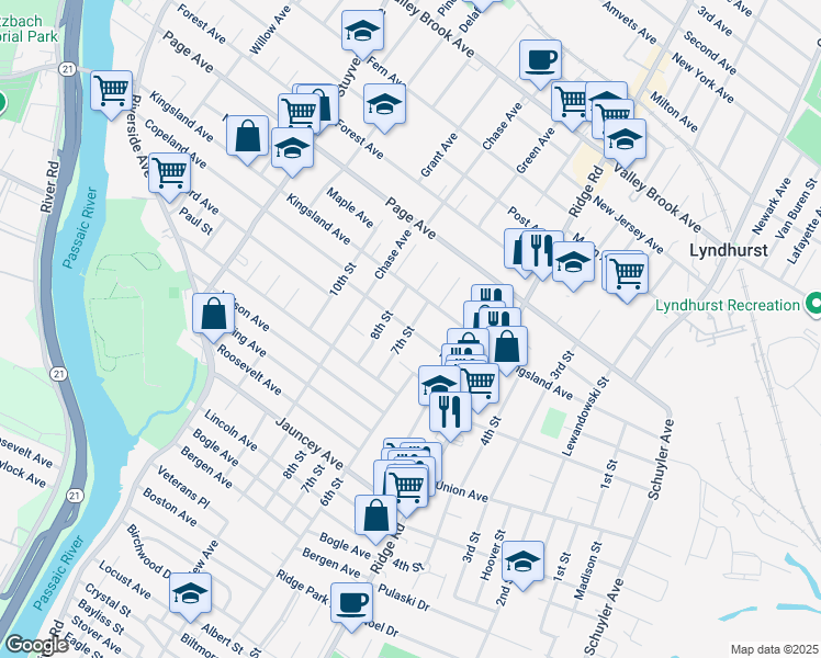 map of restaurants, bars, coffee shops, grocery stores, and more near Park Place in Lyndhurst